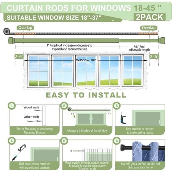 2 Pack Black Curtain Rods for Windows 28 to 48 Inch(2.3-4ft),1 Inch Adjustable - Picture 7 of 7